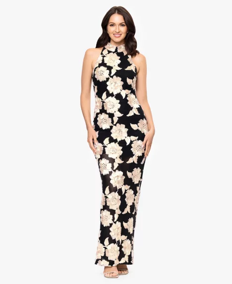 Petite 3D Embroidered Flower Sleeveless Long Dress - Black Champagne