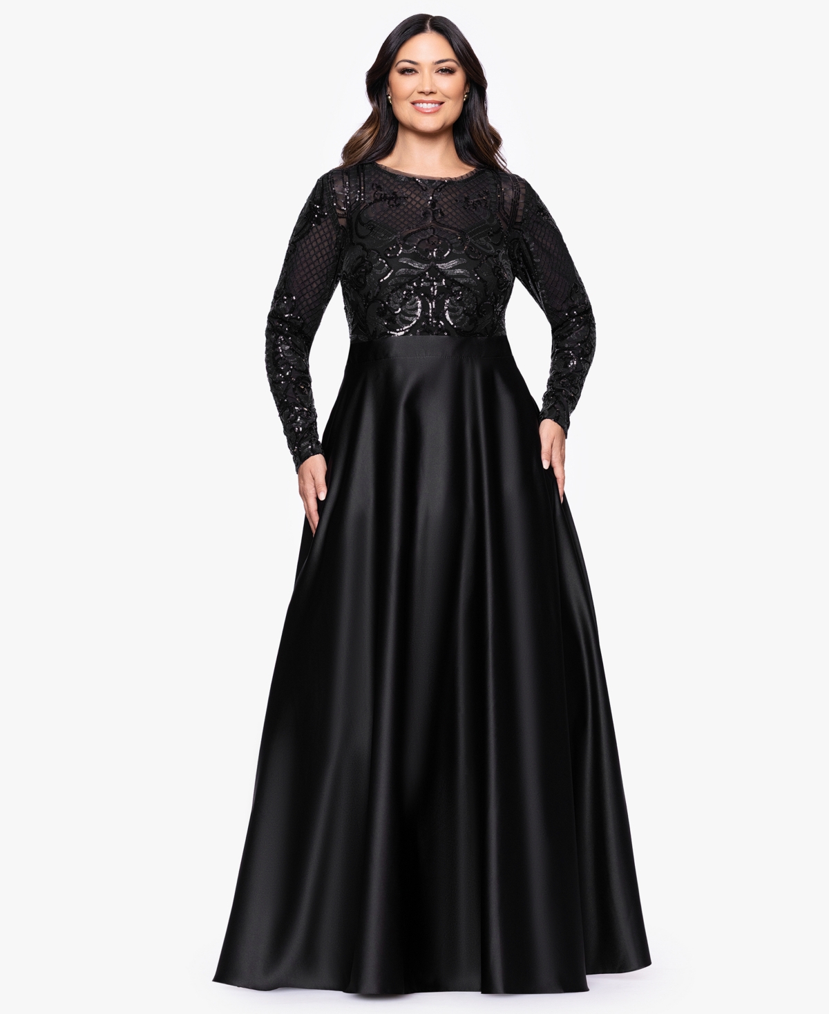 Betsy & Adam Plus Size Sequin Long-sleeve Ball Gown In Black