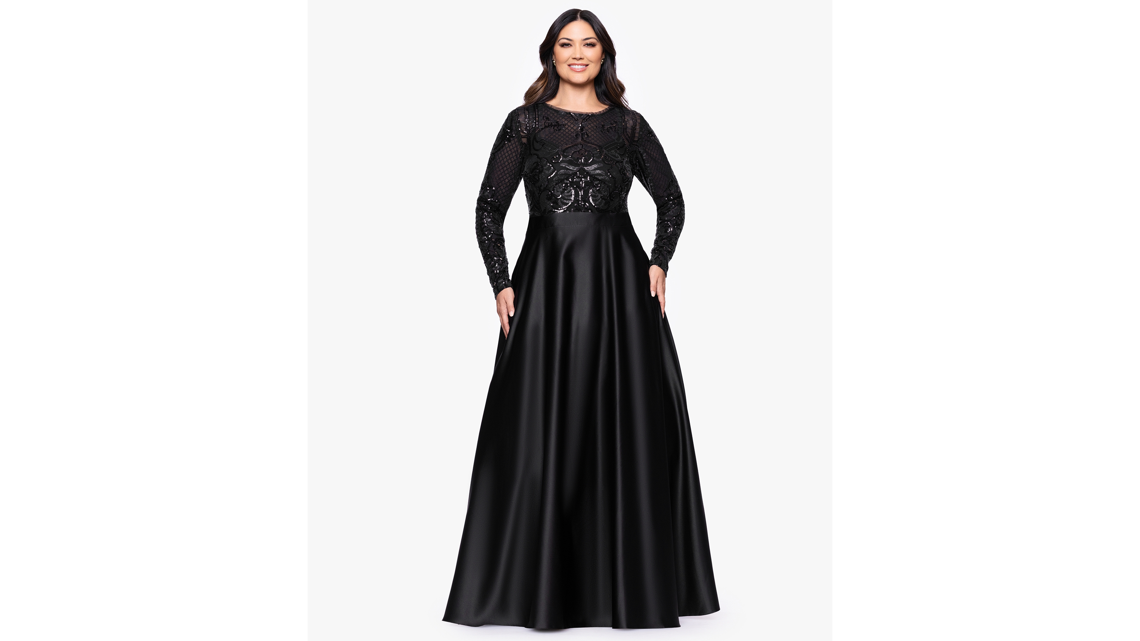 Betsy & Adam Plus Sequin Long-Sleeve Ball Gown