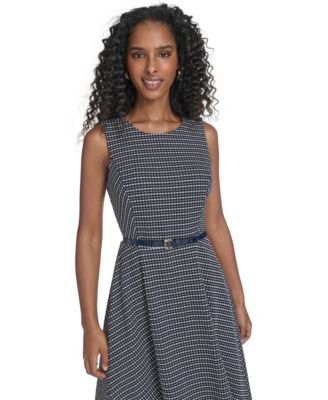 Women's Sleeveless Pick Stitch Knit Belted Midi Dress