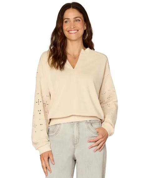 Petite V-Neck Die-Cut Embroidered Sweatshirt - Macadamia