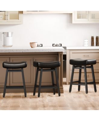 24 Inches Bar Stools Set of 3, Saddle Kitchen Stools with PU Leather Cushion Counter Height Barstools for Kitchen Dining Cafe