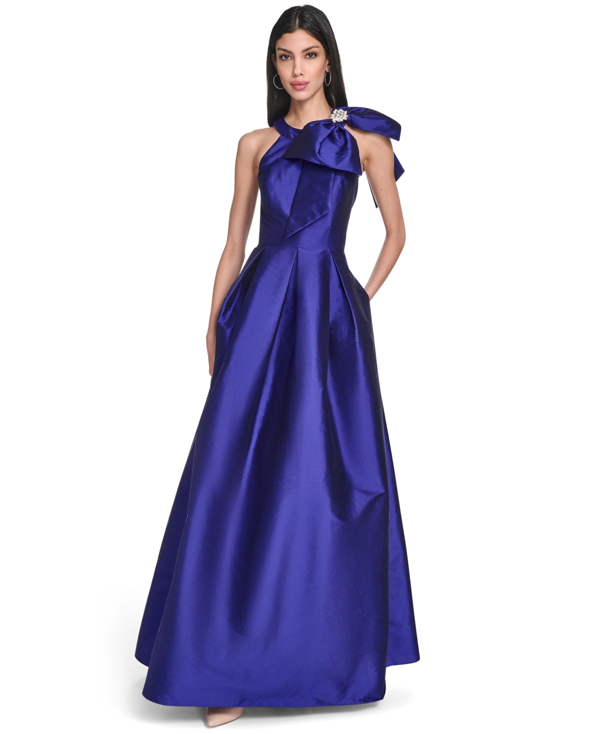 Eliza J Petite Bow-trim Halter Ball Gown In Blue