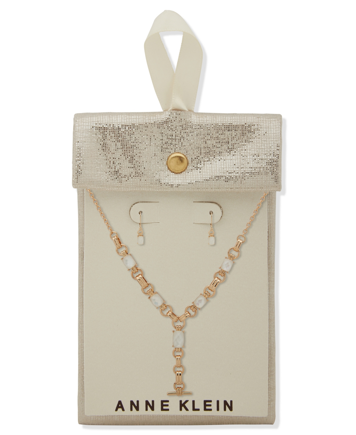 Anne Klein 2-piece Plastic And Imitation Pearl Linked Stone Toggle Y-necklace And Earrings Set In Gold