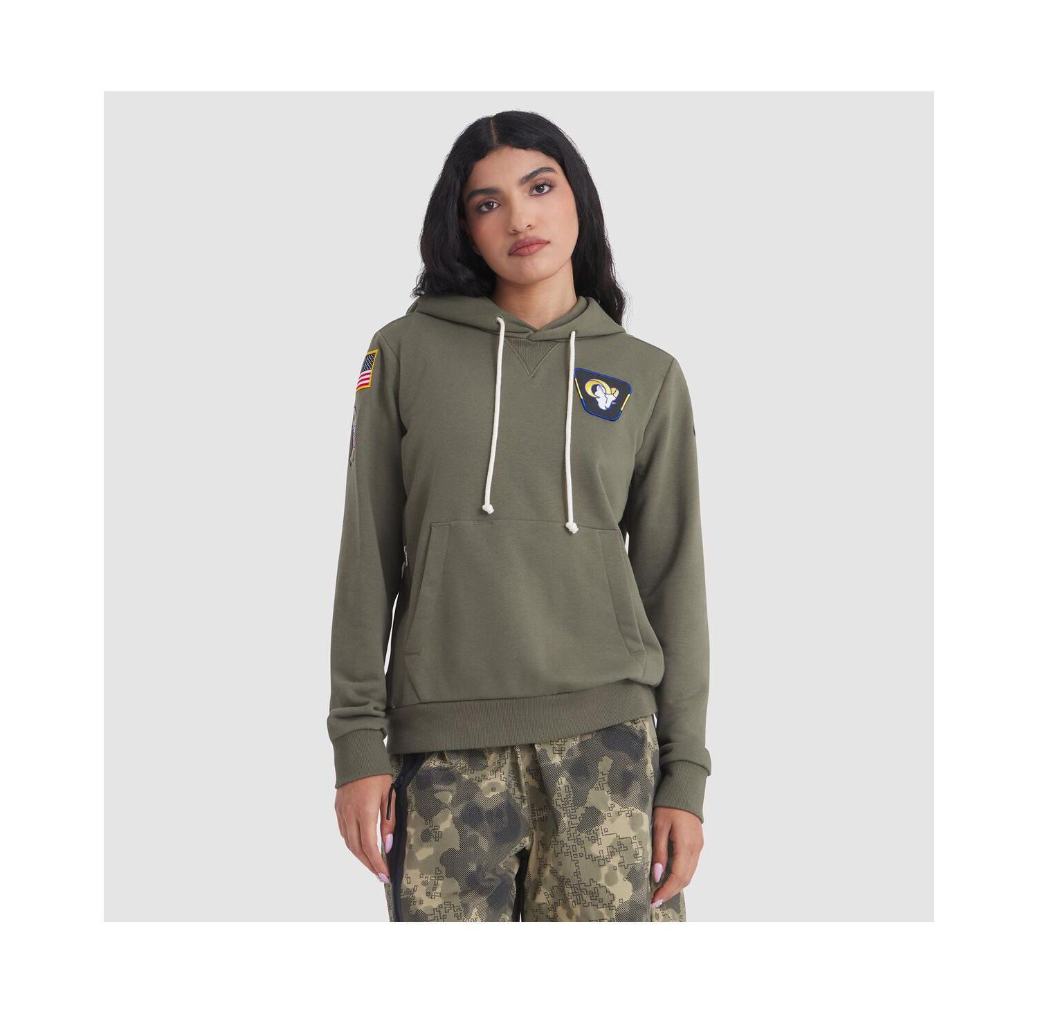 Women's Olive Los Angeles Rams 2025 Salute to Service Sideline Standard Issue Dri-FIT Hoodie