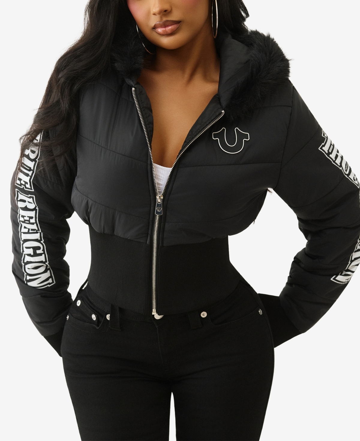 True Religion Women's Shrunken Hooded Puffer Jacket