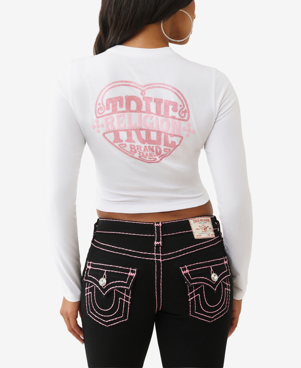 True Religion Women's Long Sleeve Glitter Puff Heritage Baby T-shirt In White