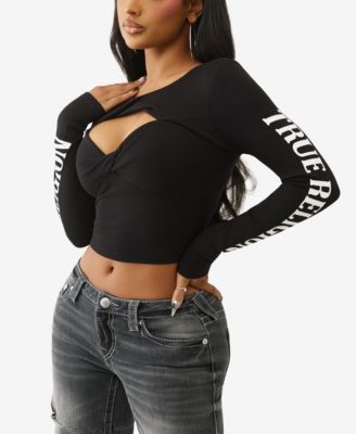 Women's Printed Rib Twist Keyhole Top