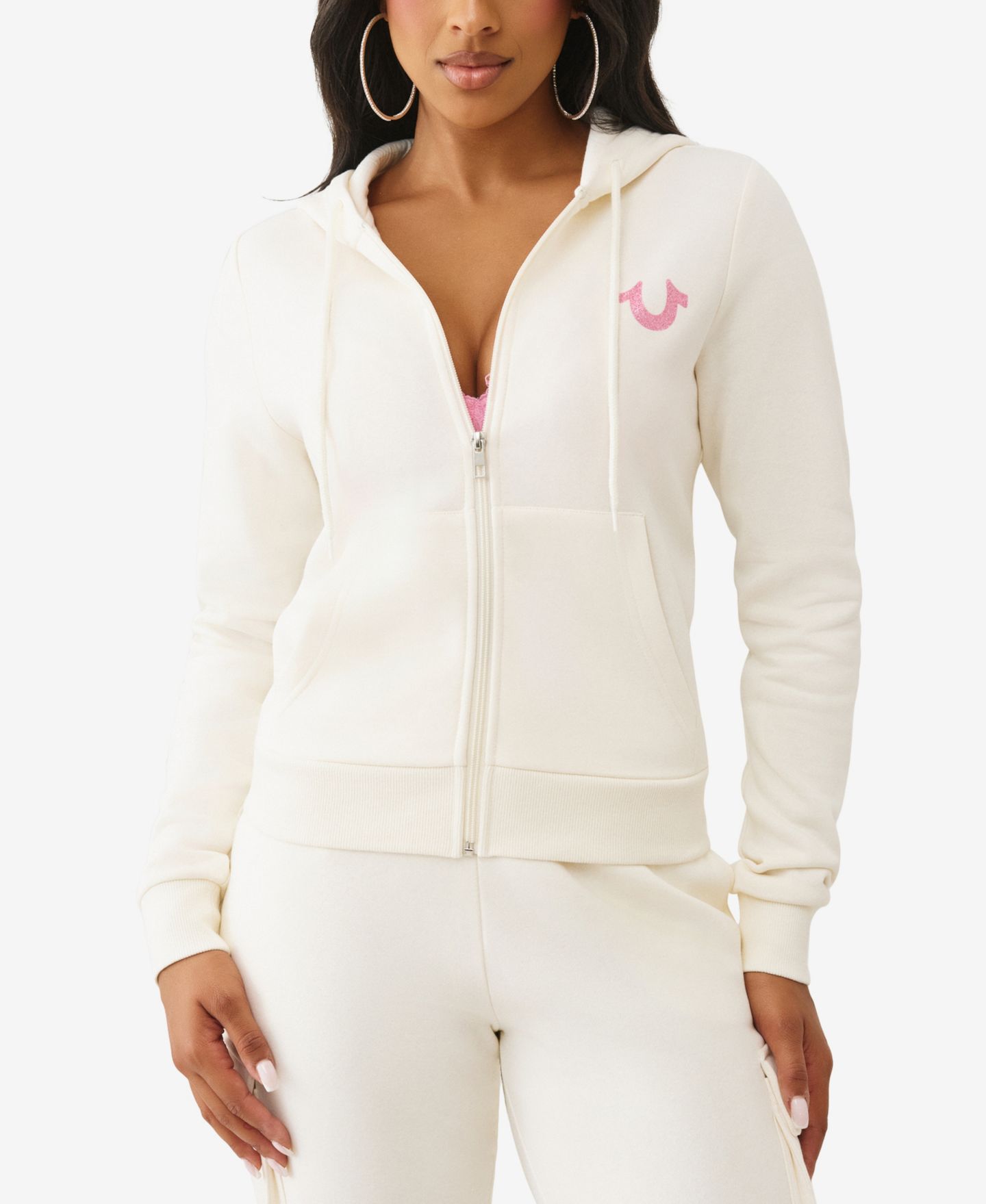 Женское худи True Religion Metallic Buddha Banner Zip Up, цвет: Белый — фото 1