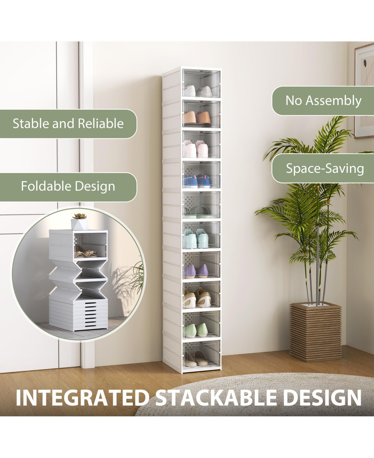 Homcom 10 Pack Foldable Shoe Boxes Stackable Shoe Organizer Fit Size 10