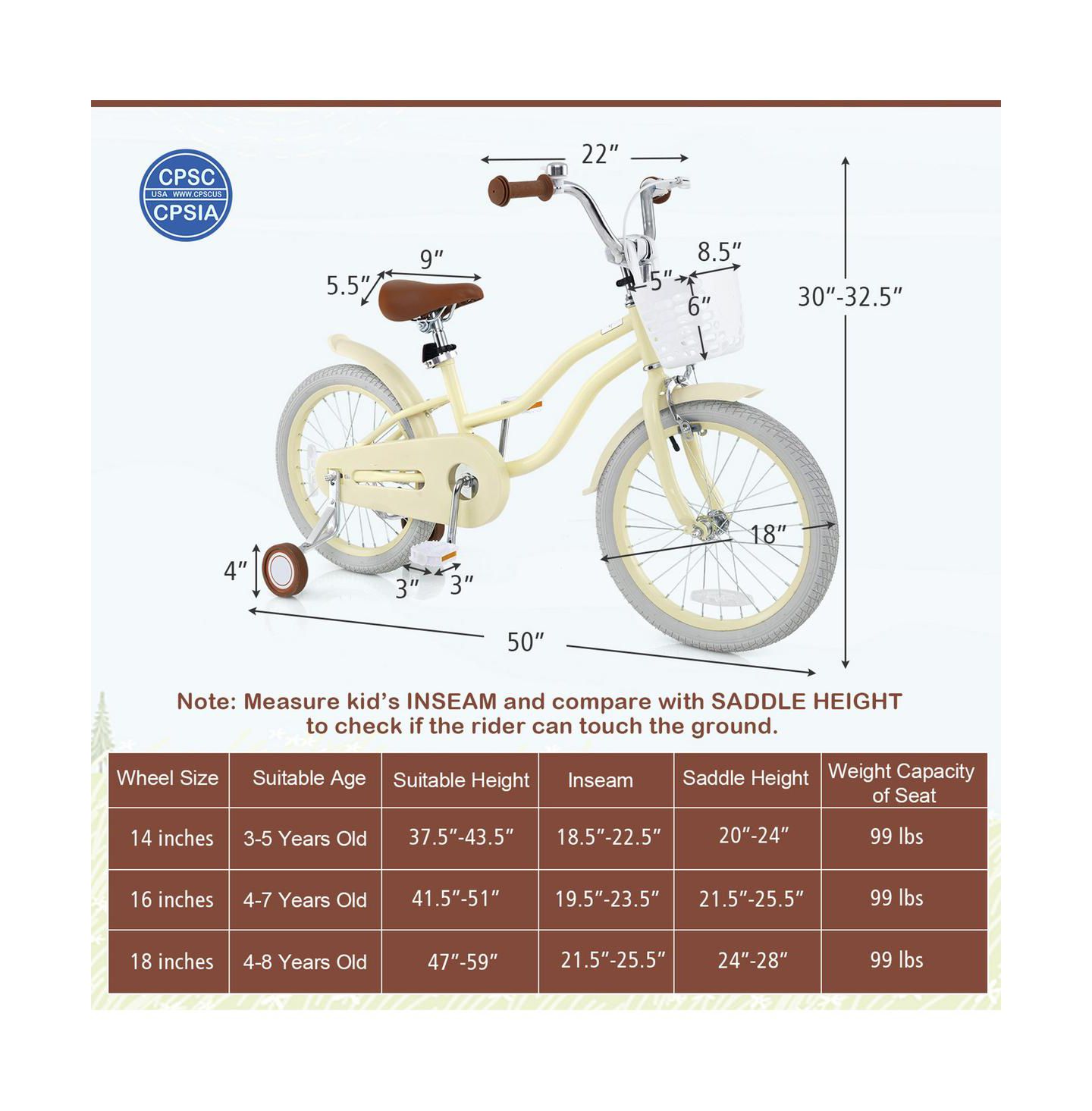 Детская игрушка SUGIFT 18 Inch Adjustable Kids Bike with Training Wheels, Ages 3-8, цвет: Бежевый — фото 3