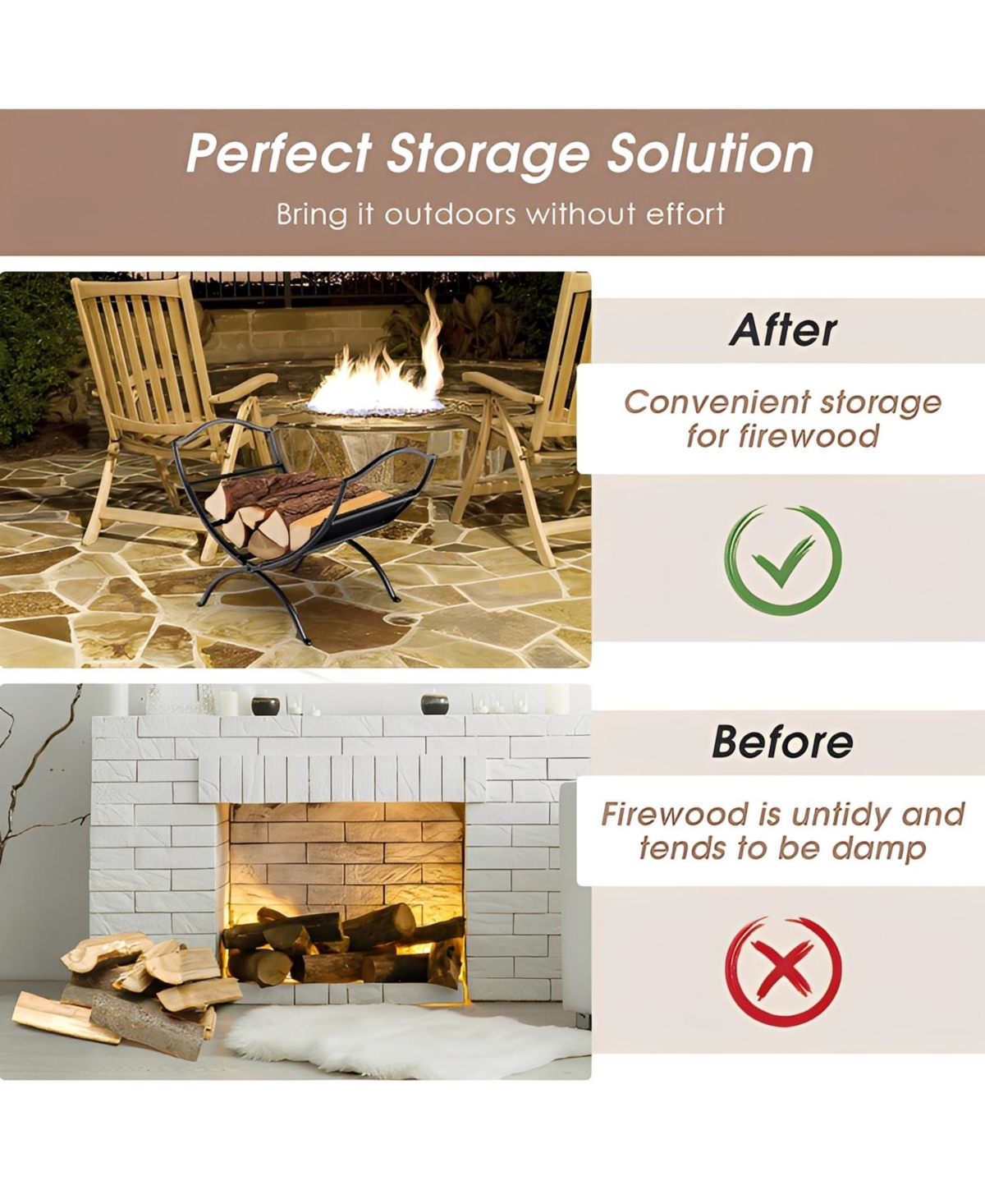 Sugift 19 Inch Folding Fireplace Log Rack with Convenient Handle