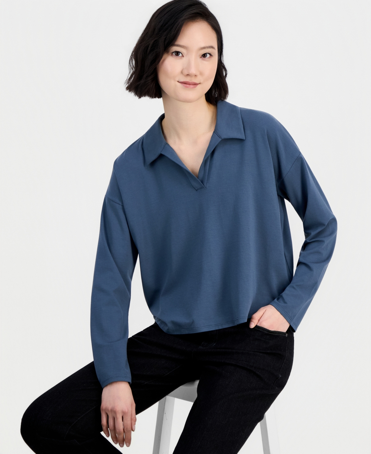 Eileen Fisher Petite Boxy Long-Sleeve Henley Top