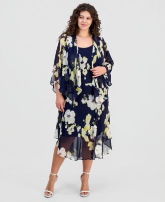 Plus Size Floral Print Open-Front Chiffon Jacket Dress