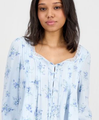 Juniors' Lace-Trim Floral-Print Pintucked Top