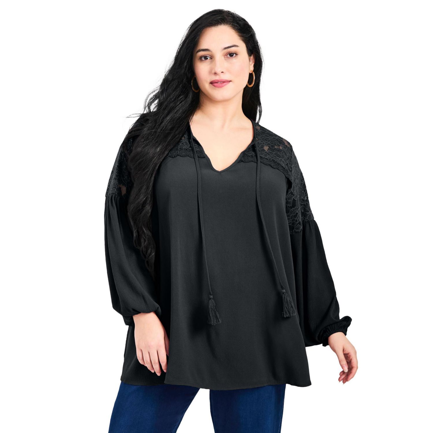 Women's Plus Size Marcie Lace Yoke Long Sleeve Top