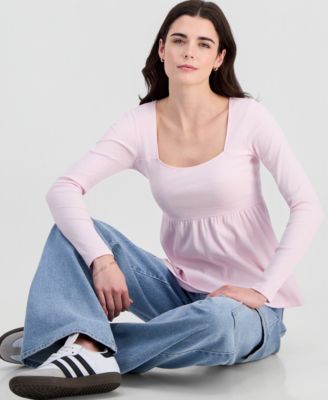 Juniors' Long Sleeve Ribbed Babydoll Top