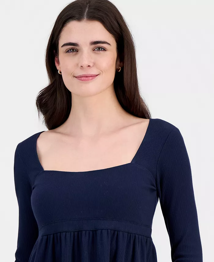 Juniors' Long Sleeve Ribbed Babydoll Top - thumbnail 3
