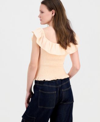 Juniors' Ruffled Smocked Scoop-Neck Top