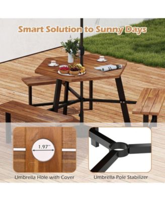 6 Person Acacia Wood Picnic Table Bench Set w/3 Seats Umbrella Hole Metal Frame