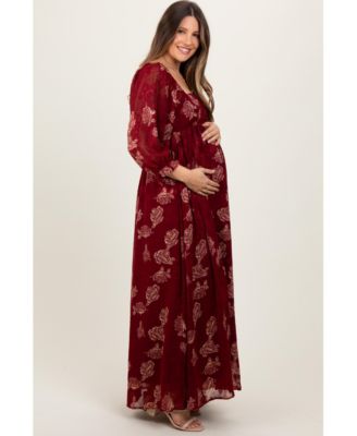 Maternity Burgundy Multi Floral Textured Peasant Babydoll Maxi Dress
