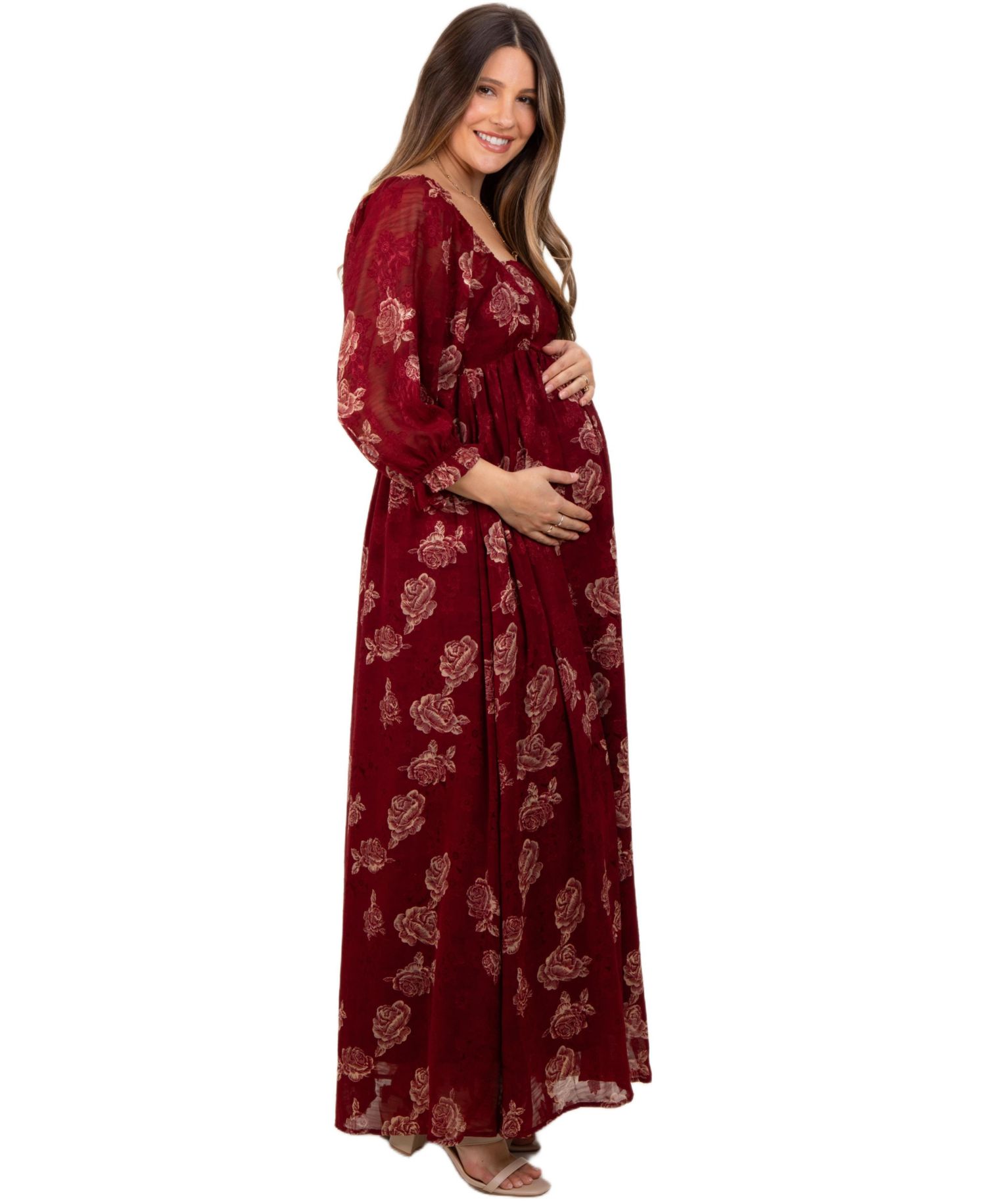 Women's Burgundy Multi Floral Textured Peasant Babydoll Maxi Dress