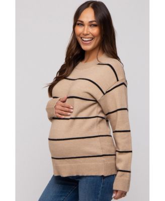 Maternity Mocha Striped Mock Neck Sweater