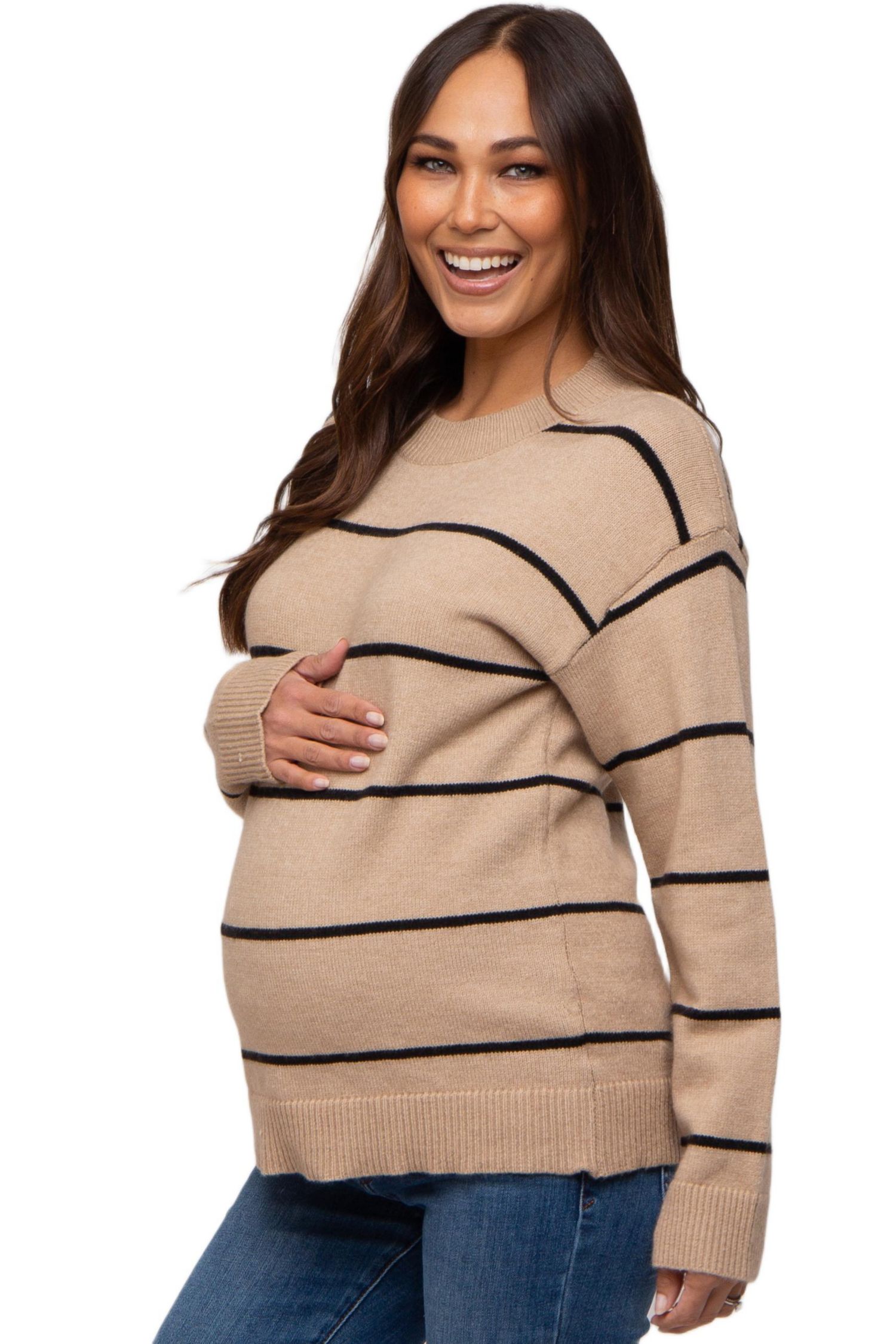 Maternity Mocha Striped Mock Neck Sweater