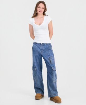 Juniors' V-Neck Cap-Sleeve Cotton T-Shirt