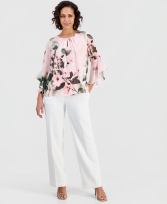 Petite Flutter-Sleeve Keyhole-Cutout Top