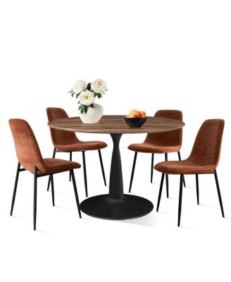 5-Piece Round Dining Table Set with Metal Base and Walnut Top, Modern Kitchen Table and Chairs for 4, Space-Saving Small Dining Set