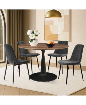 5-Piece Round Dining Table Set with Metal Base and Walnut Top, Modern Kitchen Table and Chairs for 4, Space-Saving Small Dining Set