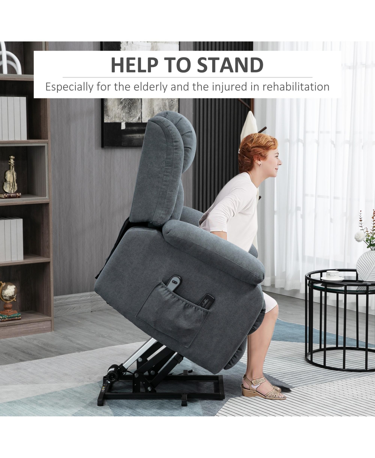 Homcom Power Lift Chair for Elderly Big and Tall with Massage, Linen Fabric Upholstered Recliner Sofa Chair with Remote Control, Side Pockets, Grey