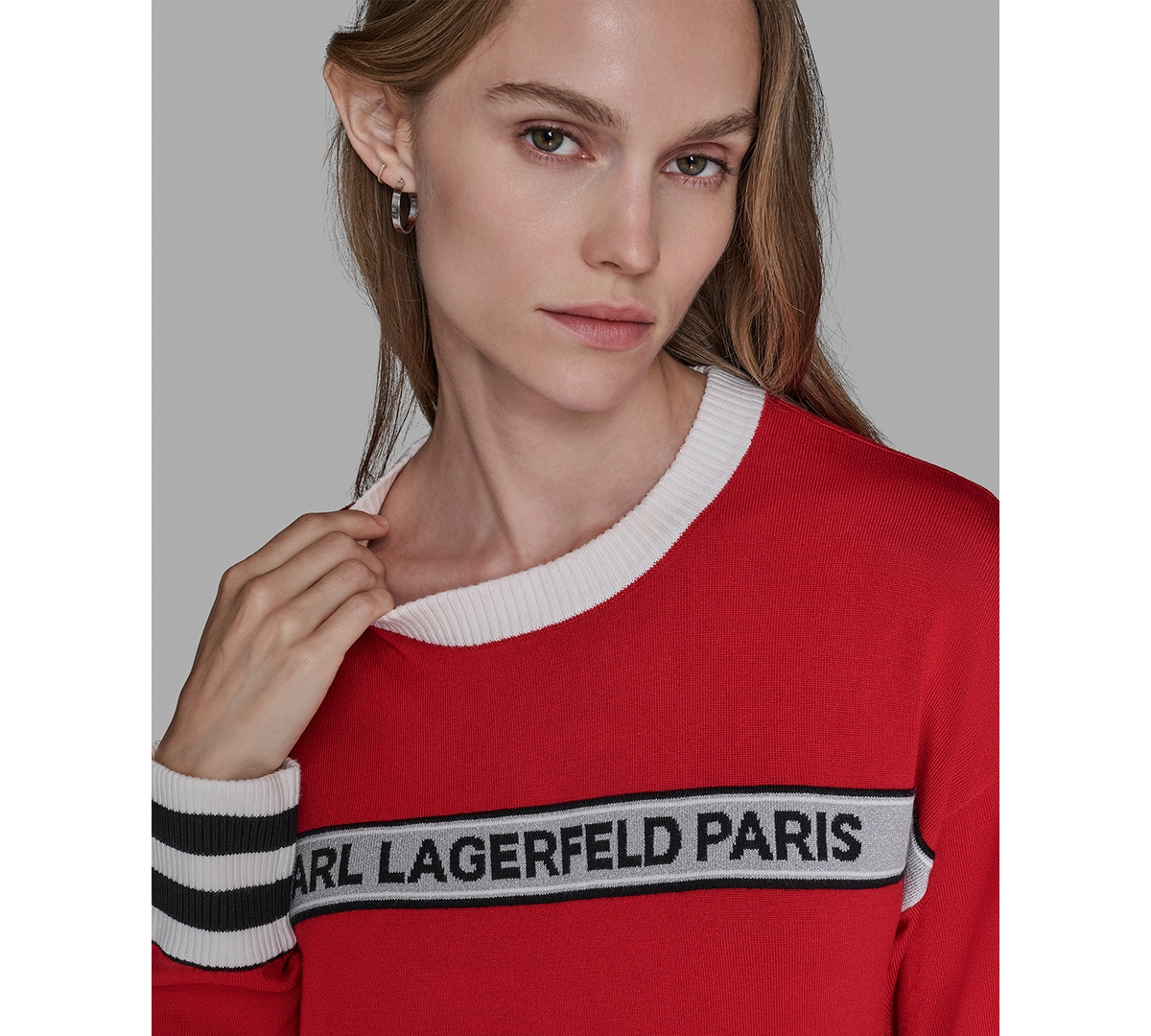 Karl Lagerfeld Paris Women's Crewneck Logo Striped Sweater