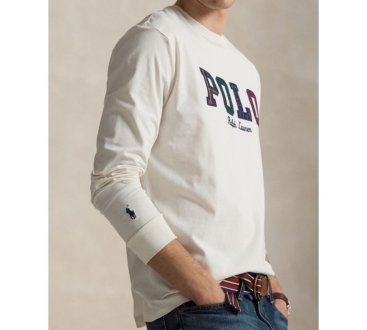 Polo Ralph Lauren Men's Long-sleeve Plaid-logo Applique T-shirt In White