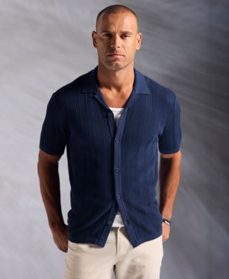 Men's Short-Sleeve Camp-Collar Sweater Button-Front Shirt