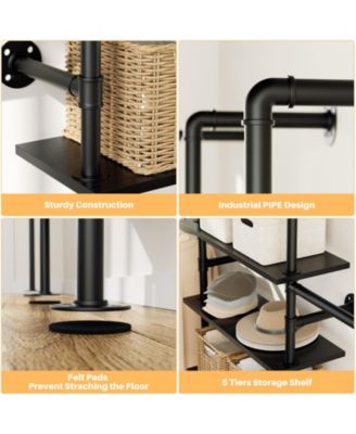 6.42FT Industrial Metal Pipe Clothing Rack, Reversible Clothes Rack with 5 Shelves and 4 Hanging Rods