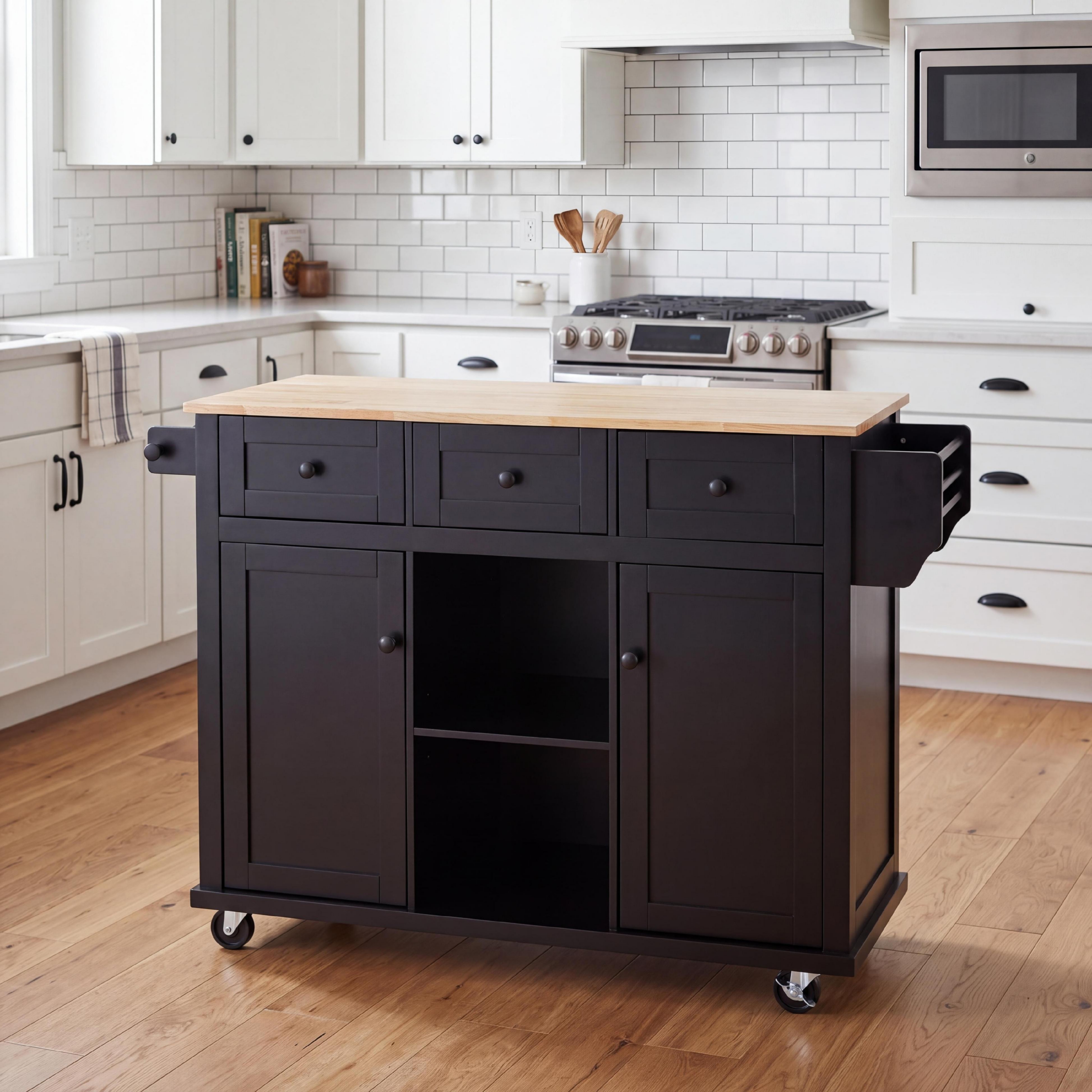 sumyeg Kitchen Island Cart with Rubber Wood Drop-Leaf Top, Storage Cabinet, 3 Drawers, Adjustable Shelves and 5 Wheels
