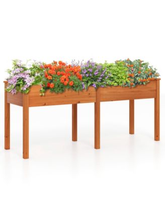 Fir Wood Outdoor Raised Garden Bed with Divider Panel and Drainage Holes-Yellow