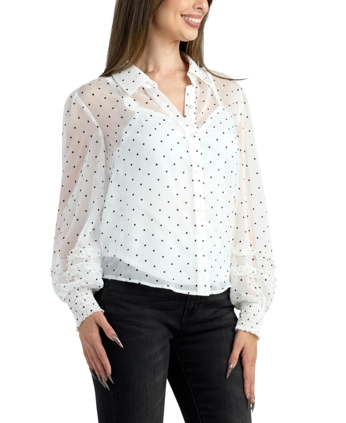Bcx Junior's Flocked Dot Collared Long-Sleeve Top