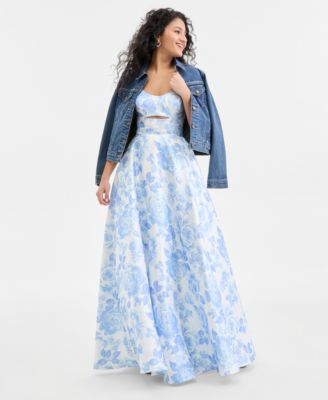 Juniors' Floral Scoop-Neck Satin Gown 