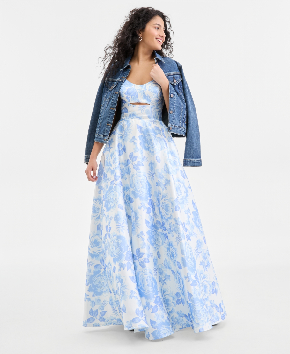 City Studios Juniors' Floral Scoop-Neck Satin Gown