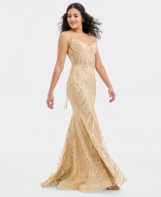 Juniors' Sweetheart-Neck Bustier Glitter Mesh Gown 