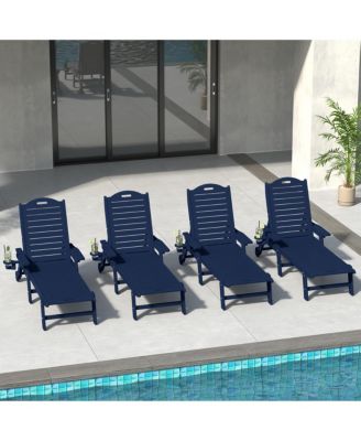 Outdoor HDPE Patio Chaise Lounges With Wheels & Cup Holder (Set of 4)