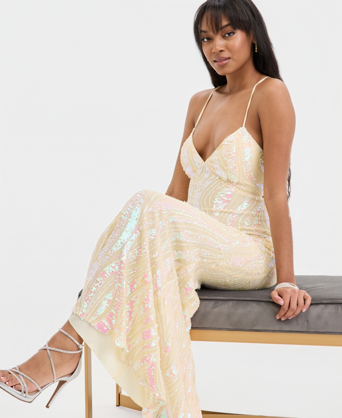 City Studios Juniors' Sequined Lace-Up Gown