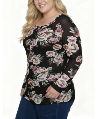 Plus Size Long Raglan Sleeve Mesh Top