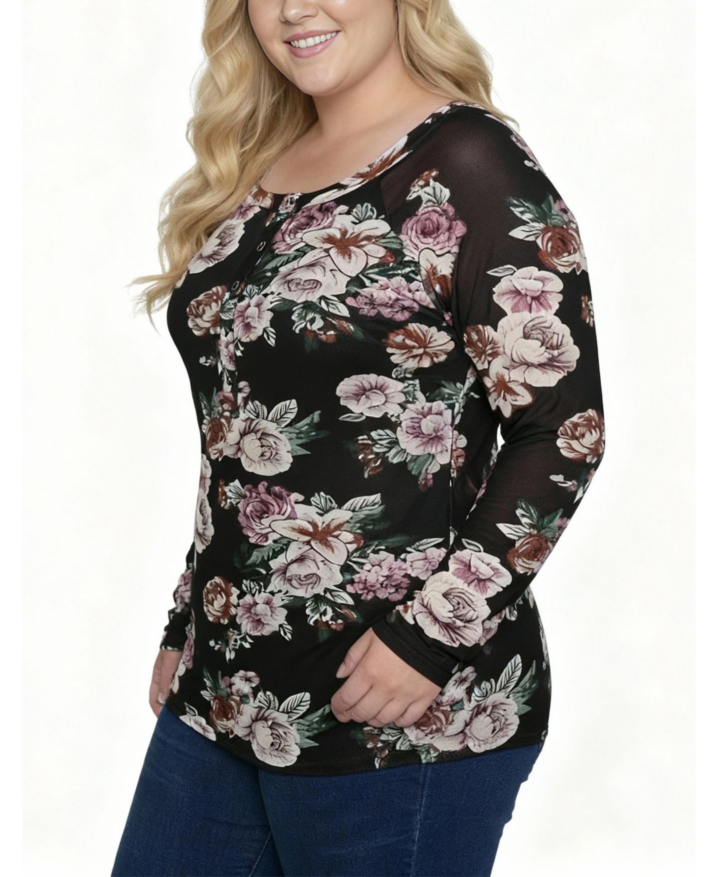 Женский топ NY Collection Plus Size Long Raglan Sleeve Mesh, цвет: Чёрный пудровый с принтом — фото 2