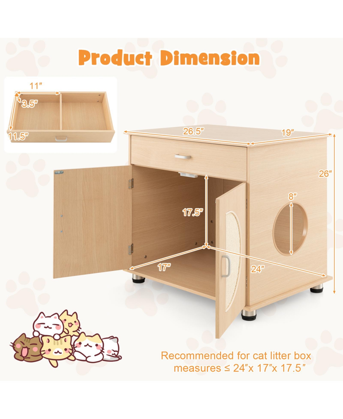 Skonyon Cat Litter Box Enclosure with Sisal Scratching Doors and Storage