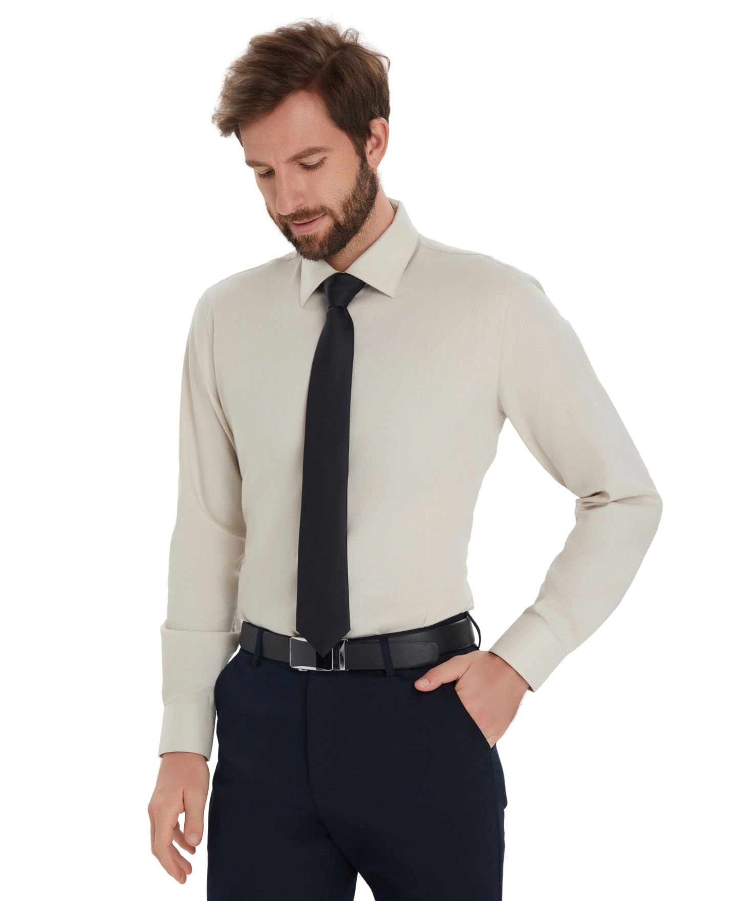 Мужская рубашка Alfani Herringbone Slim-Fit Dress Shirt, цвет: Бежевый — фото 5