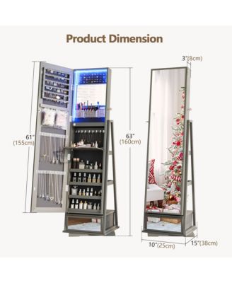 Jewelry freestanding storage mirror cabinet with storage shelves, built-in lights, and rotating feature.